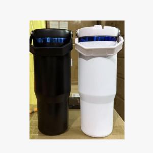 China to USA Sea freight 28 Days 30oz Blue mirror plated Flip straw handle lid water bottles Powder Coated Vacuum Tumbler, Laser Engravable