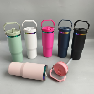 China to USA Sea freight 28 Days 30oz Rainbow mirror plated flip straw handle lid water bottles Laser Engravable Powder Coat Vacuum Tumbler